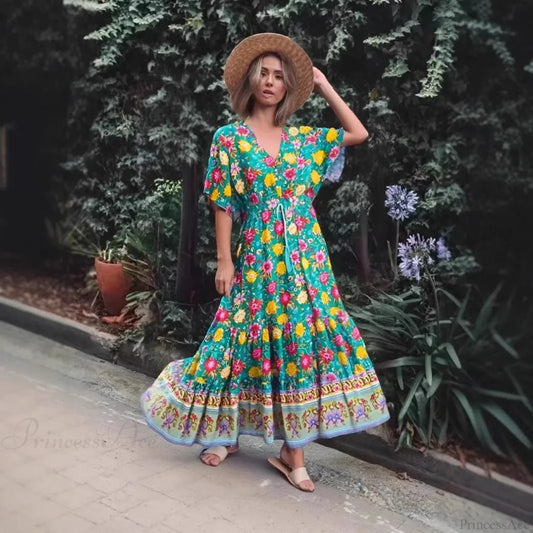 Floral Print V-neck Tassel Loose Beach Maxi Boho Dress Green / S bohodress-250126