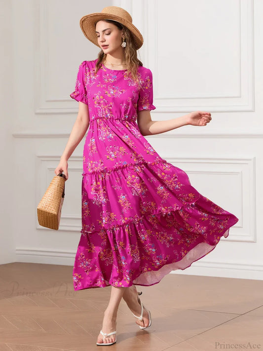 Floral Ruched Tiered Puff Sleeve Pleated Flowy Long Floral Dress floraldress-250126