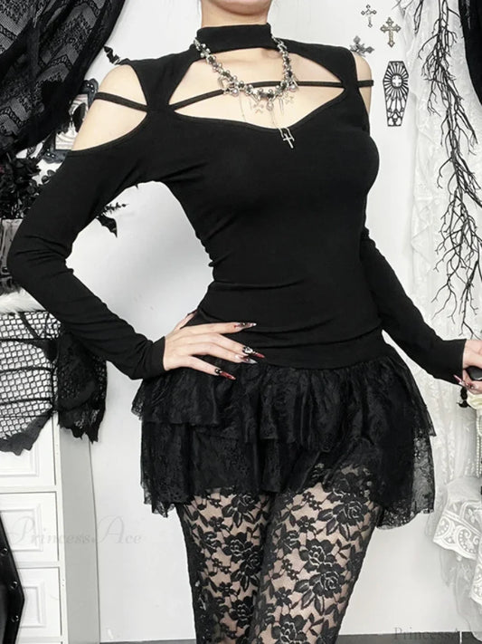 Floral Square Collar Knit Top Black / XS