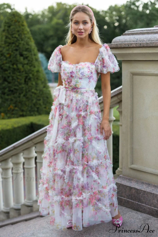 Floral Tulle Puff Sleeve Graceful Bow Tie Maxi Dress