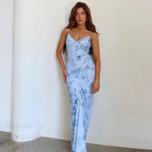Floral V-neck Slim Maxi Floral Dress Blue / XS floraldress-250126
