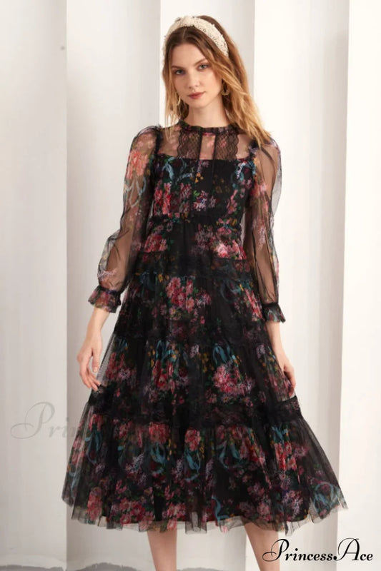 Floral Wonder Stylish Midi Dress S / Black
