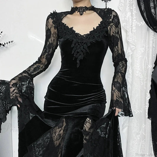 Flower Lace Mesh Transparent Long Dress Black / S