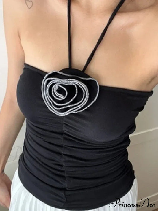 Flower Patchwork Halter Tubes Off Shoulder Backless Tank 2024 Sexy Women Ruched Black Mini Vests Top