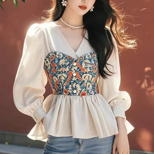 French Waist Cinched V-neck Two-Piece Blouse Beige / S blouse-250126