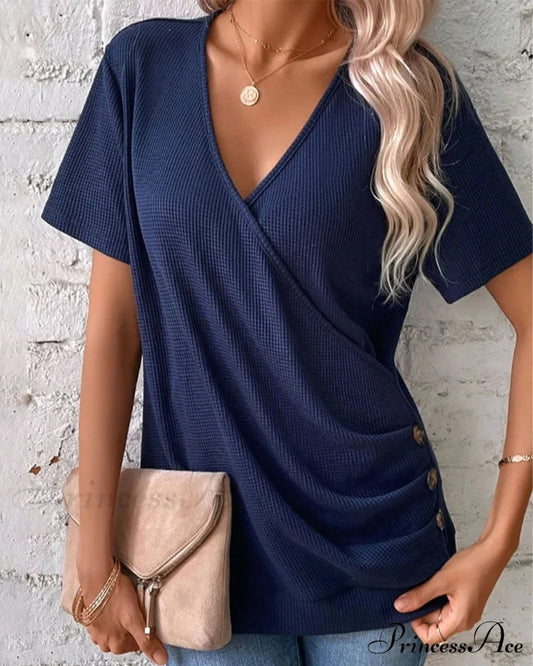 V Neck Front Cross Button Detail T-Shirt Navy Blue 23BF clothes SALE Short Sleeve Tops Spring Summer T-shirts Tops/Blouses