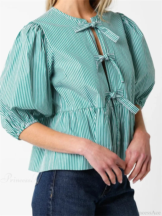Front Split Bowknot Tie-Up Puff Sleeve Blouse blouse-250223