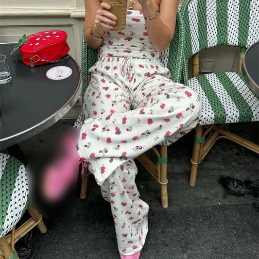 Fruit Print Strapless Tube Top Backless Crop Top Pants Two Pieces Set twopiecesset-250126