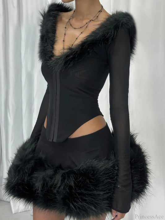 Furry Collar V-neck Knit Top