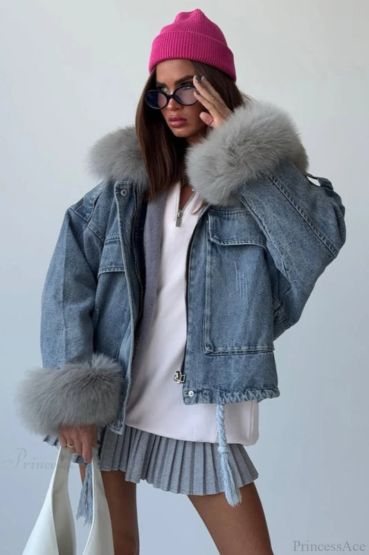 Fuzzy Denim Loose Street Large Pocket Jacket