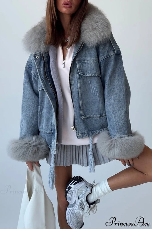 Fuzzy Trim Denim Retro Loose Versatile Coat