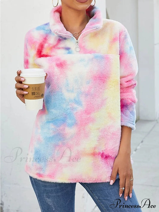 Fuzzy Women’s Arm Yellow Casual Long Pullover Tie Pink Neck V Dye - Fleece Sweatshirt Teddy Top / S