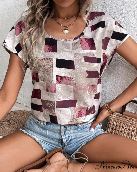 Geometric Print Crew Neck T-shirt Pink 23BF clothes Short Sleeve Tops Spring Summer T-shirts Tops/Blouses