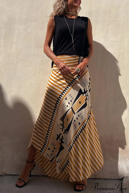 Geometric Print Elastic Charming Waist Maxi Skirt Yellow / S Dresses