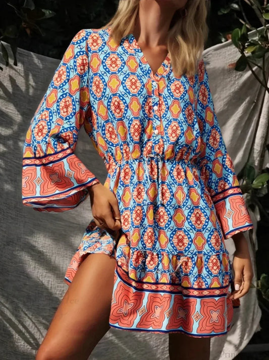 Geometry Print Boho Flare Sleeve Dress Blue / S bohodress-250126