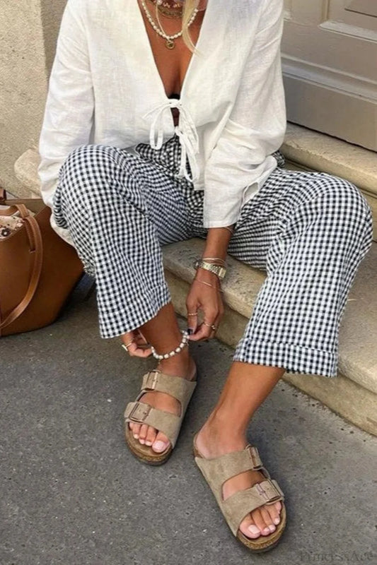 Gingham Print Elastic Waist Drawstring Lounge Pant Black / S pant-250223