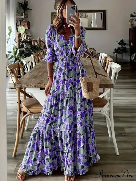 Gown Design Full-Length Waist Graphic With Slim V And Drawstring Neck S / Gray Maxi Dress