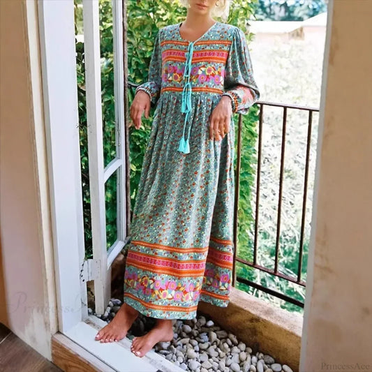 Green Floral Print Tie Neck Rayon Cotton Long Sleeve Ethnic Maxi Boho Dress Green / S bohodress-250126