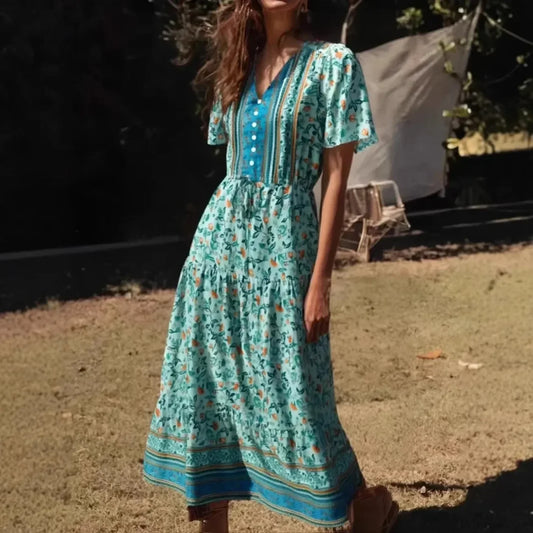 Green Floral Ruffles Sleeve Boho Dress Green / S bohodress-250126