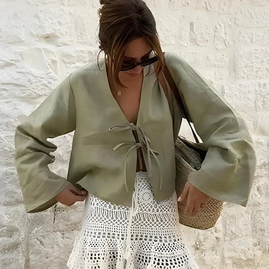 Green Linen Lace-Up Long Sleeve V-neck Blouse blouse-250126