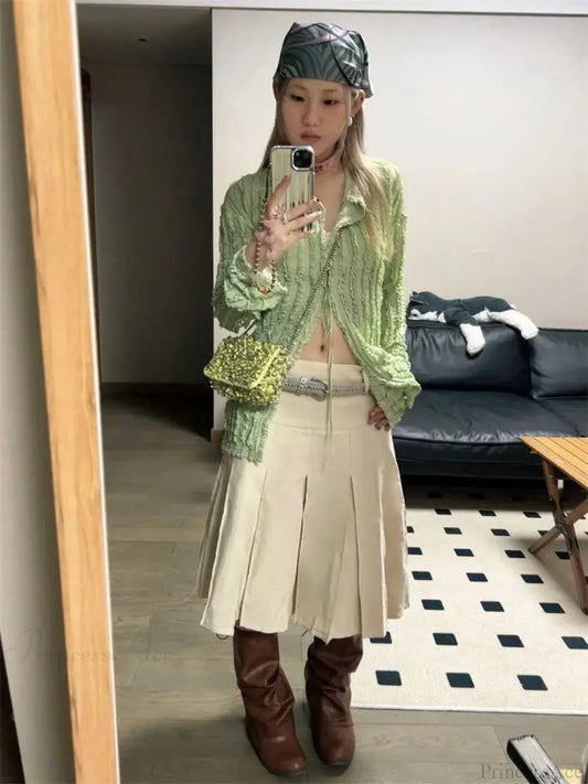 Green Vintage Long Sleeve Blouse Green / S blouse-250223