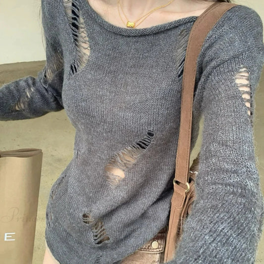 Grunge Hollow Out Knitted Sweater Slim Thin Pullover Knit Top knittop-250126