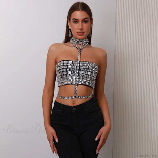 Halter Beaded Lace-Up Bandage Crop Prom Dress black / XS promdress-250223