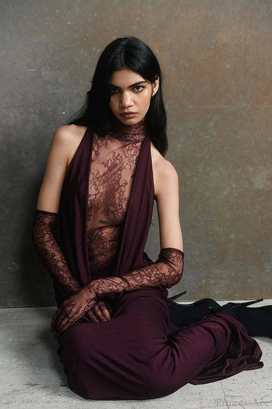 Halter Lace Paneled Deep V Ruched Wedding Dress Fuchsia / XS