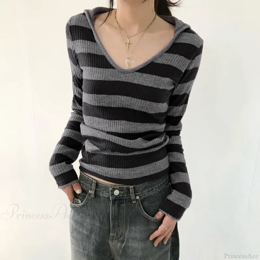 Harajuku Stripe Hooded Slim Contrast Color Long Sleeve Knit Top knittop-250126