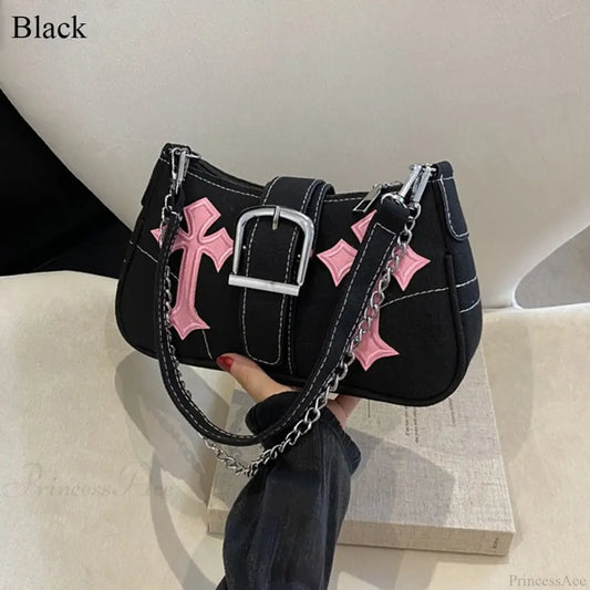 Hasp Metal Buckle Canvas Shoulder Bag Black shoulder-250126