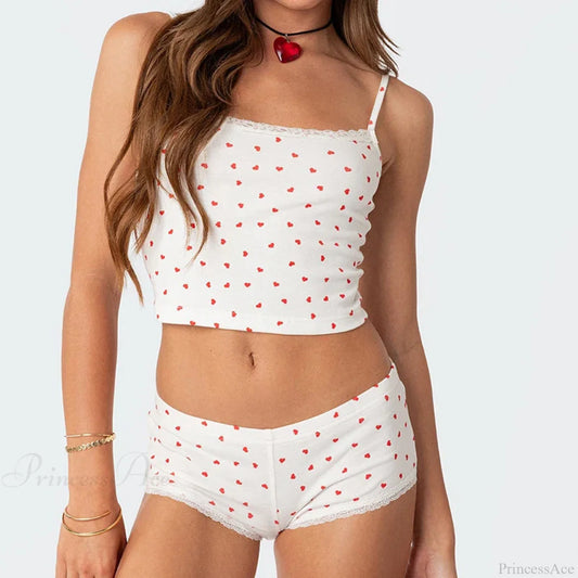Heart Printed Kawaii Lace Trim Camis Micro Shorts Two Pieces Set twopiecesset-250126