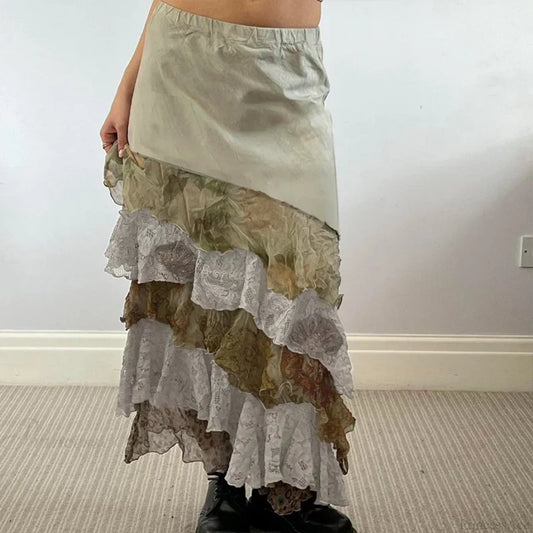 HEYounGIRL Y2K Aesthetic Lace Tiered Irregular Skirt Mori Girl Khaki / S skirt-250126