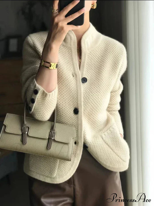 High-End Cashmere Wool Long Sleeve Half Collar Cardigan