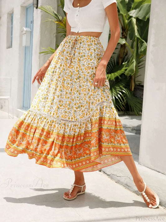 High Waist Floral Beach Skirt A-line Ruffled Lace Holiday Maxi Yellow / S skirt-250126