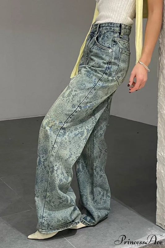 High Waist Snake Print Washed Straight Jeans