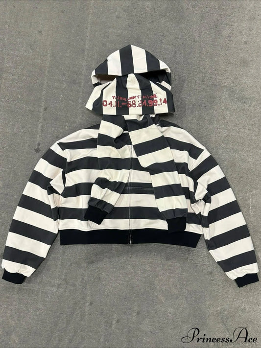 Hip-Hop Double-Layered Hood Graphic Print Hoodie Stripe / S