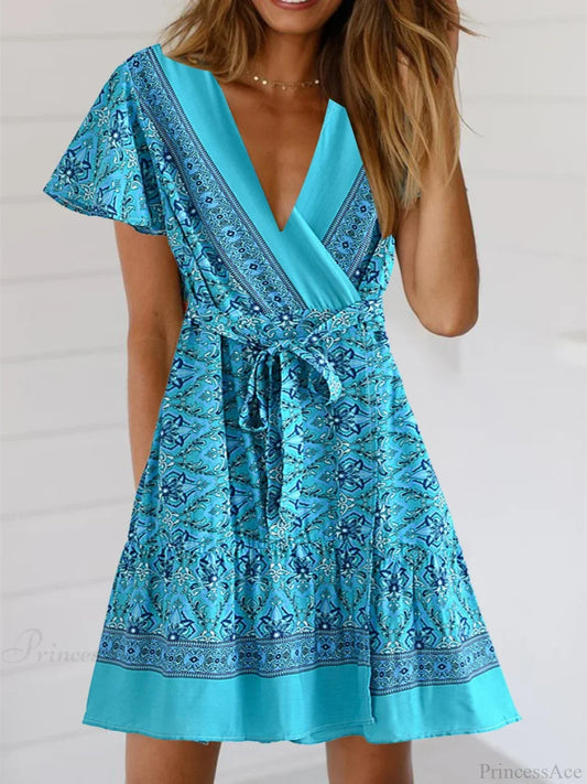 Hippie Floral Print Sashes Boho Dress Blue / S bohodress-250126