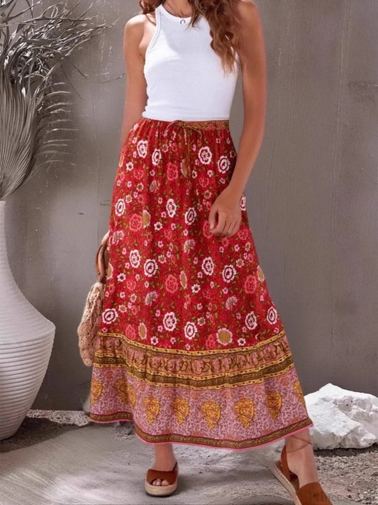 Hippie Vintage Floral Tassel Beach Bohemian High Waist Maxi Skirt Red / S skirt-250126