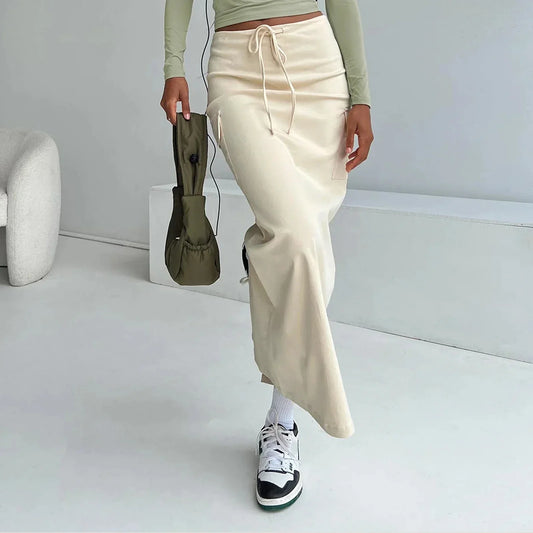 Y2K Cargo Drawstring Bodycon Slit Maxi Skirt