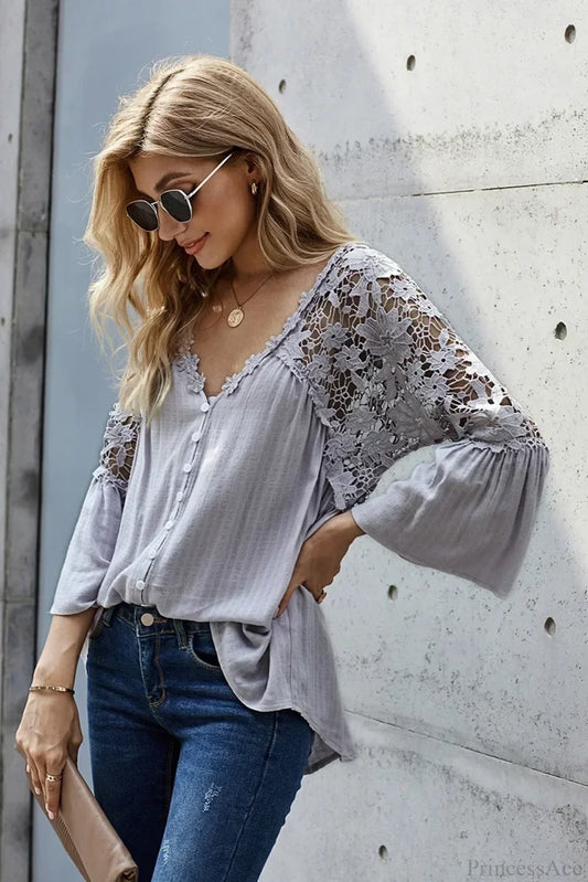 Hollow Out Deep V-Neck Flare Sleeve Boho Blouse Grey / S bohoblouse-250126