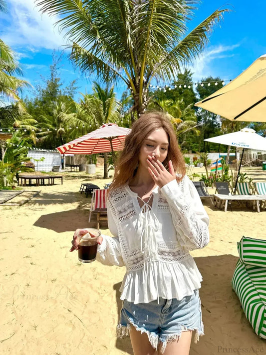 Hollow Out Lace Ethnic Long Sleeve Ruffles Boho Blouse White / S