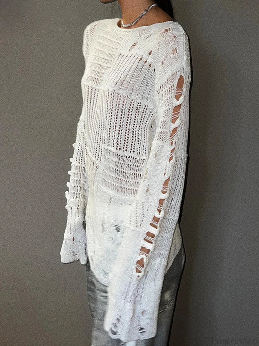 Hollow Out Loose O-Neck Long Sleeve Knitted Pullover Sweater knittop-250126