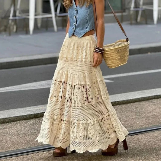 Hollow Out Maxi Skirt Solid Color A-line Hook Romantic Holiday Beige / One Size