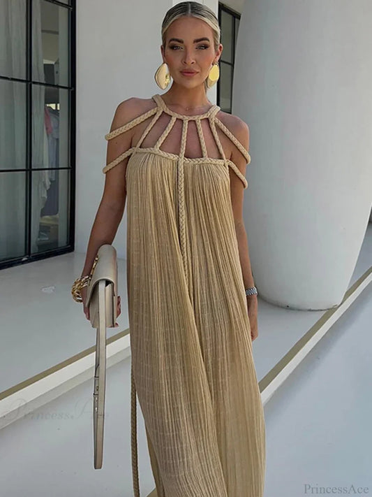 Hollow Out Sleeveless Beach Cover Up Khaki / One Size