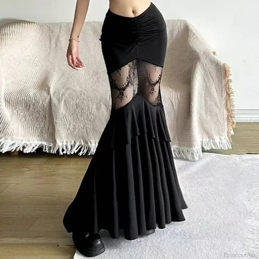 Hollow Out Stitching Midi Skirt Black / S