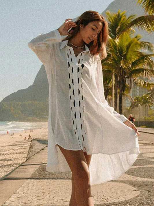 Hollow Out Turn-Down Collar Cover Up WHITE / One Size