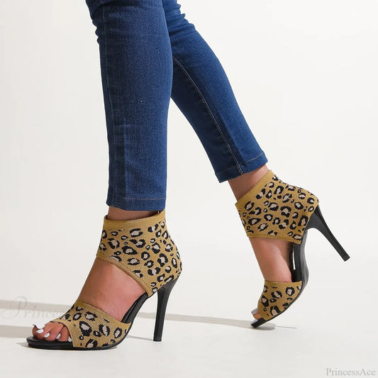 Hot 2024 Spring Summer Designer Knitted Open Toe Sexy Party Leopard Print Stilettos High Heel