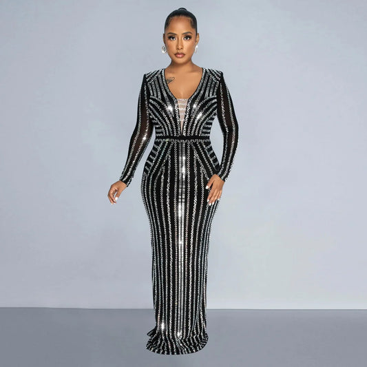 Crystal Rhinestone Long Party Dress Black / S Partydress-241208