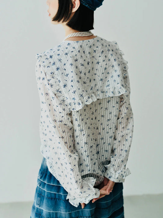 Japanese Floral Navy Collar Long Sleeve Shirt blouse-250126