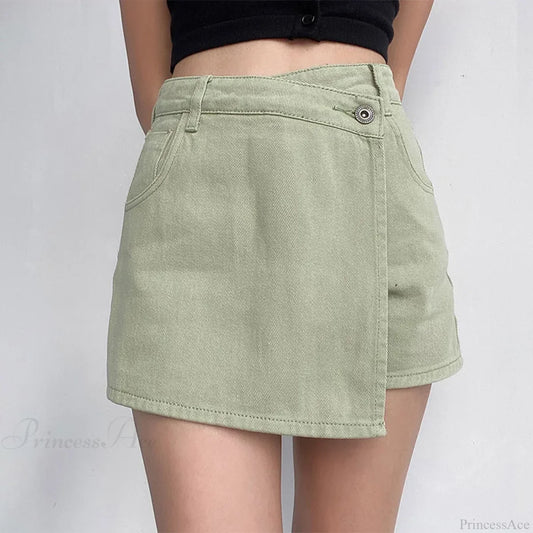 Irregular High Waist Denim Skirt Green / S